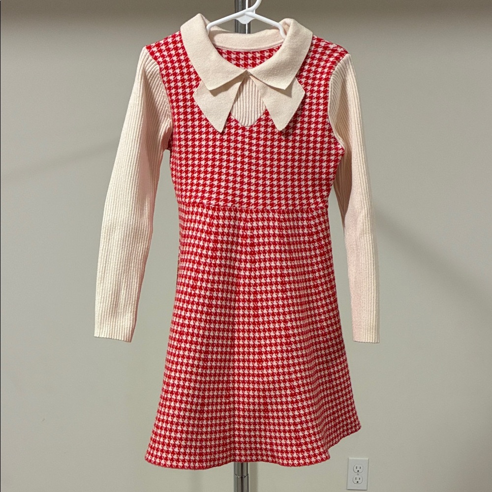 Girls’ Red and Cream Houndstooth Knitted Lapel Sweater Dress